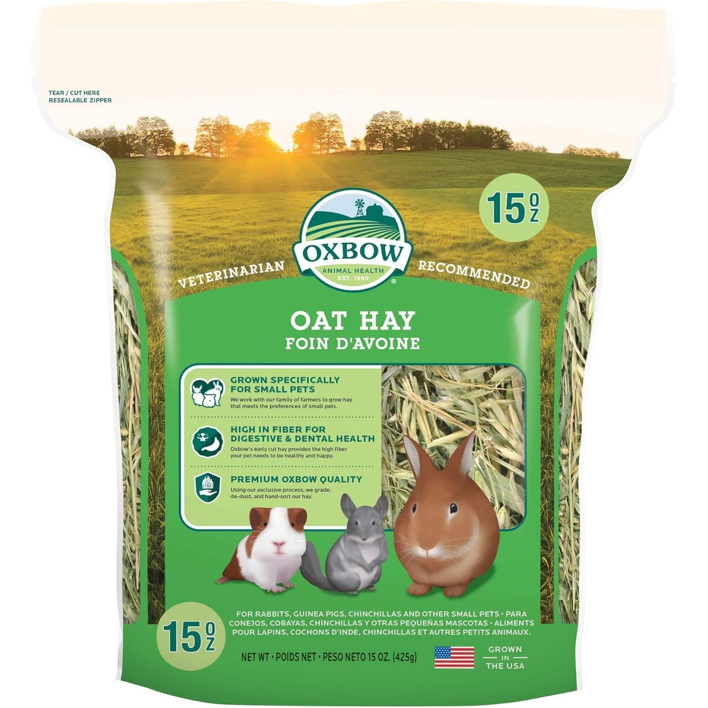 Oxbow Oat Hay, Rabbit & Guinea Pig Hay, High Fiber for Digestive Health, Grown in the USA, Veterinarian Recommended Small Pet Supplies, for Rabbits, Guinea Pigs, & Chinchillas, 15 oz.