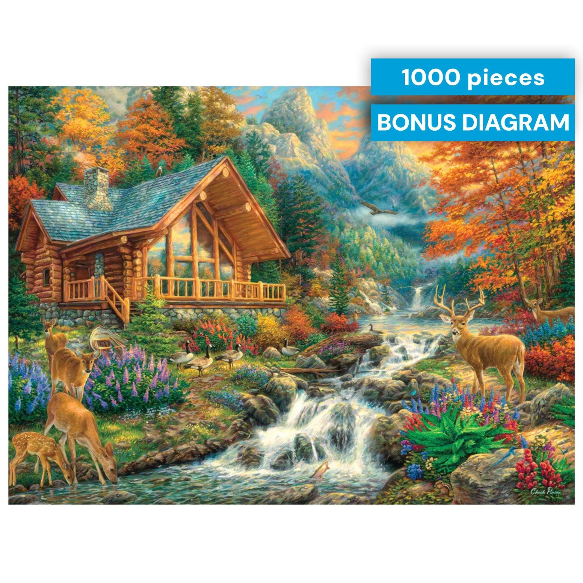 Buy now Buffalo Games - Alpine Serenity - Chuck Pinson - 1000 Piece Autumn Jigsaw Puzzle for Adults - Fall Mountain Cabin Scene - Challenging Puzzle for Game Nights - Finished Size 26.75 x 19.75 - Made in USA at indiglob india