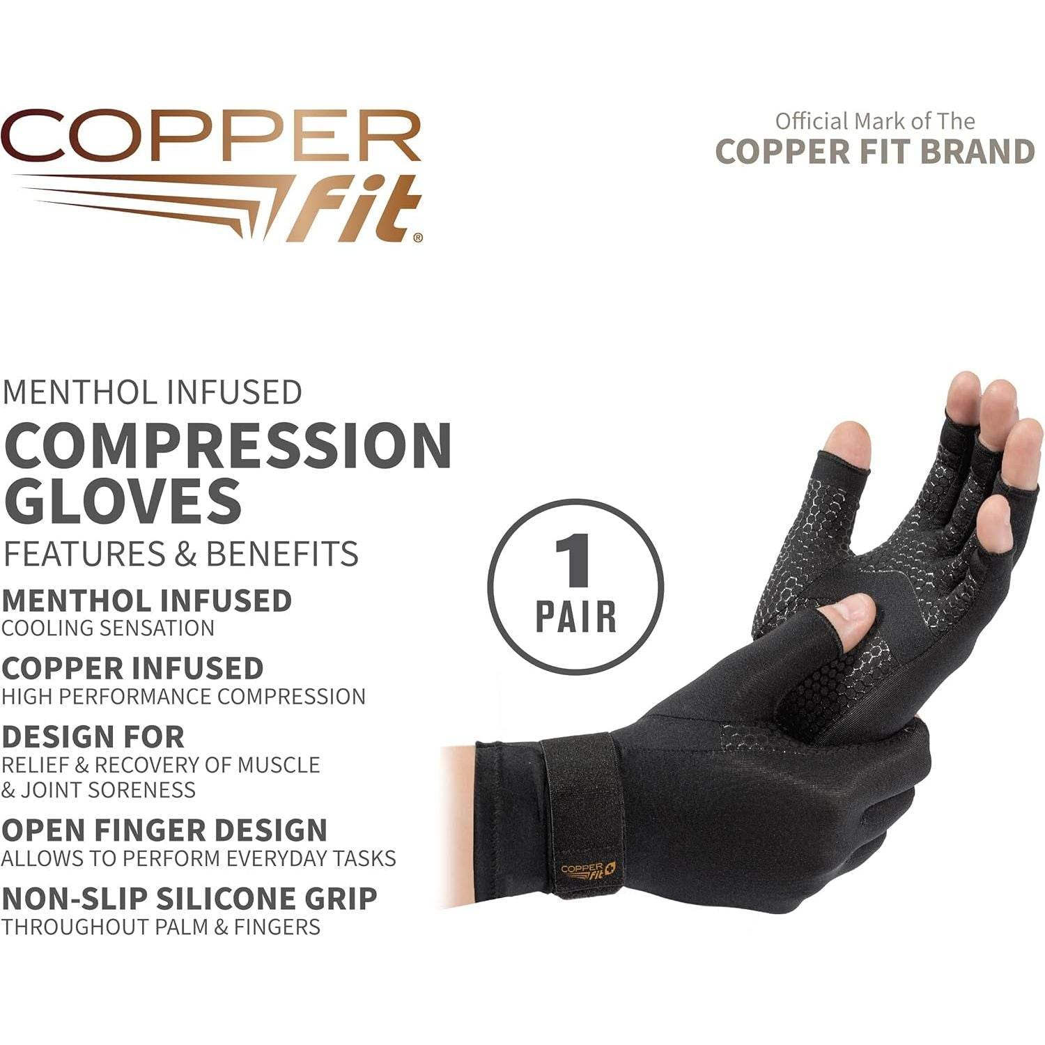 Copper Fit ICE Compression Gloves Infused with Menthol and Coq10 for Recovery, Black - My Store