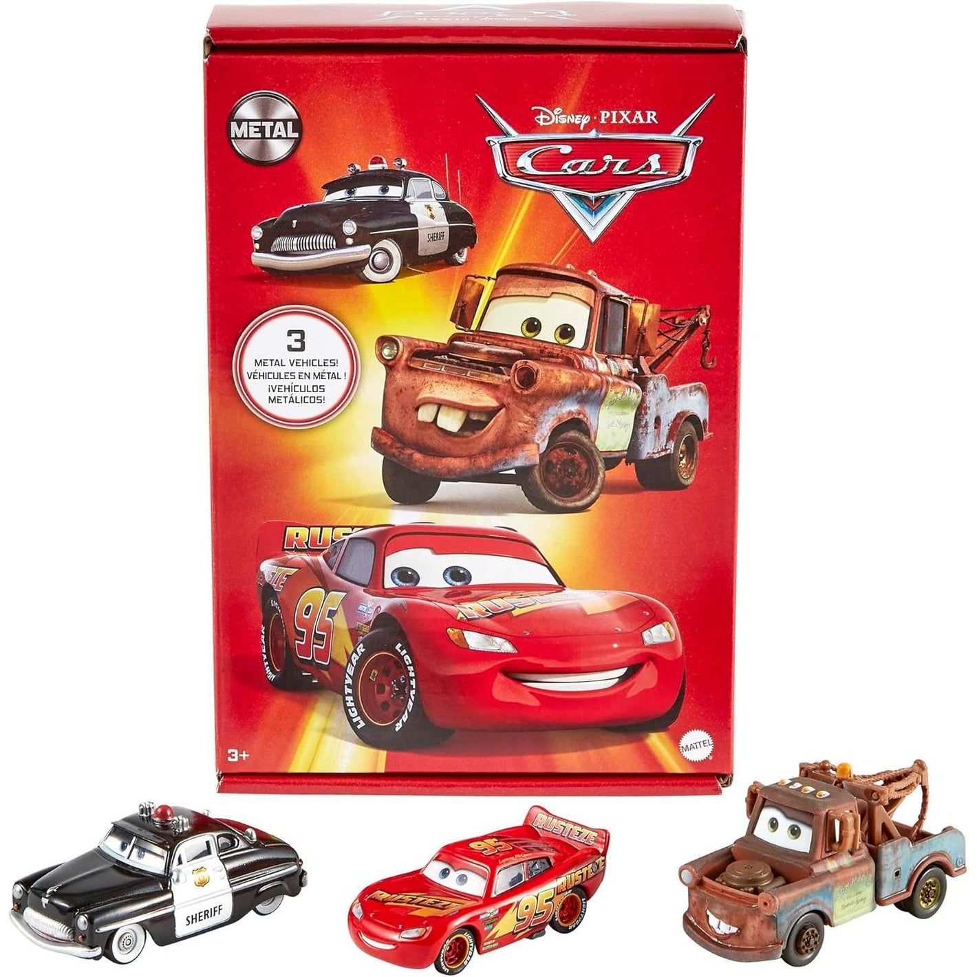 Mattel Disney and Pixar Cars Toys, Radiator Springs 3-Pack of Die-cast Toy Cars & Trucks with Lightning McQueen, Mater & Sheriff