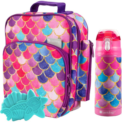 Bentology Kids Lunch Bag Set Pink Kitty- Thick Padded Handle, Insulated Tote, Reusable Hard Ice Pack & Insulated Stainless Steel Water Bottle- Keeps Lunch Fresh Longer, Back to School Lunchbox Kits