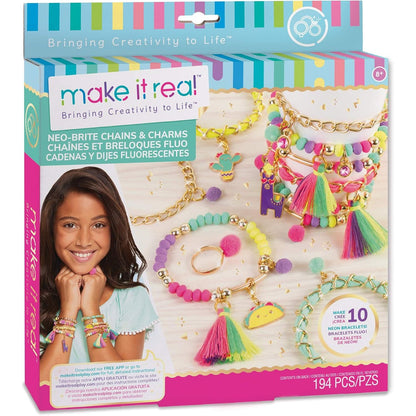 Make It Real: Neo-Brite Chains & Charms Kit - Create 10 Unique Cord & Tassel Charm Bracelets, 195 Pieces, Includes Play Tray,DIY Playful Charm & Jewelry Kit, Tweens & Girls, Arts & Crafts, Ages 8+