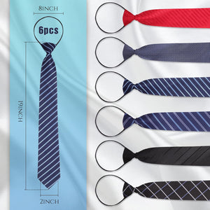 Geyoga 6 Pcs Zipper Ties for Boys Pre Tied Necktie Silky Skinny Ties for Men Long Striped Plaid Tie Novelty Neckties for Business Wedding (Classic Color)