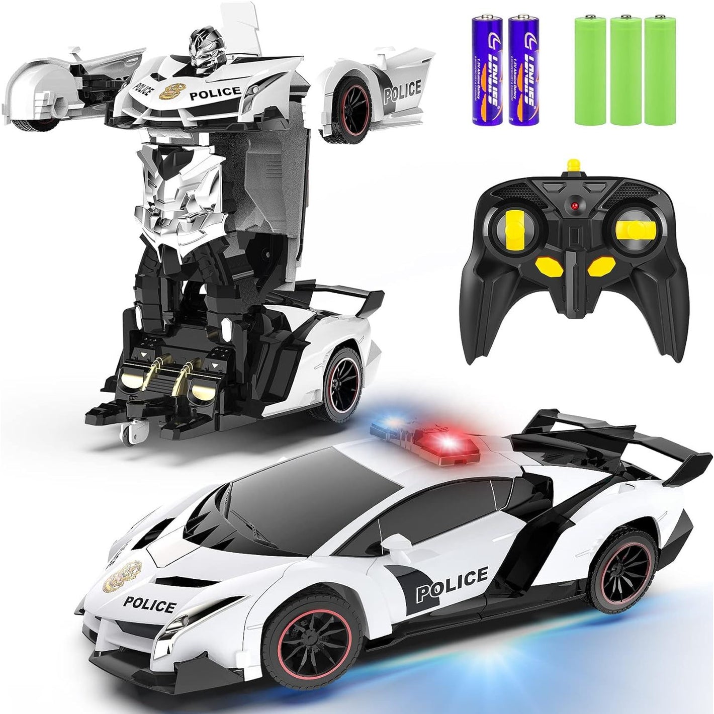 FDJ Remote Control Car - Transform Toys Car Robot, One Button Deformation to Robot with Flashing Light, 2.4Ghz 1:18 Scale Transforming Police Car Kids Toys with 360 Degree Rotating, Girls Boys Toys