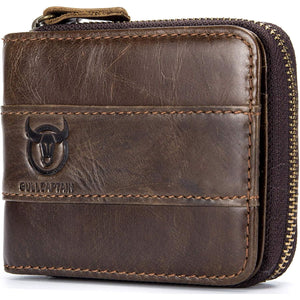 BULLCAPTAIN RFID Blocking Men’s Wallet,Genuine Leather Zip Around Vintage Multi Card Holder Zipper Wallet for Men Bifold Purse With ID Window(Brown)