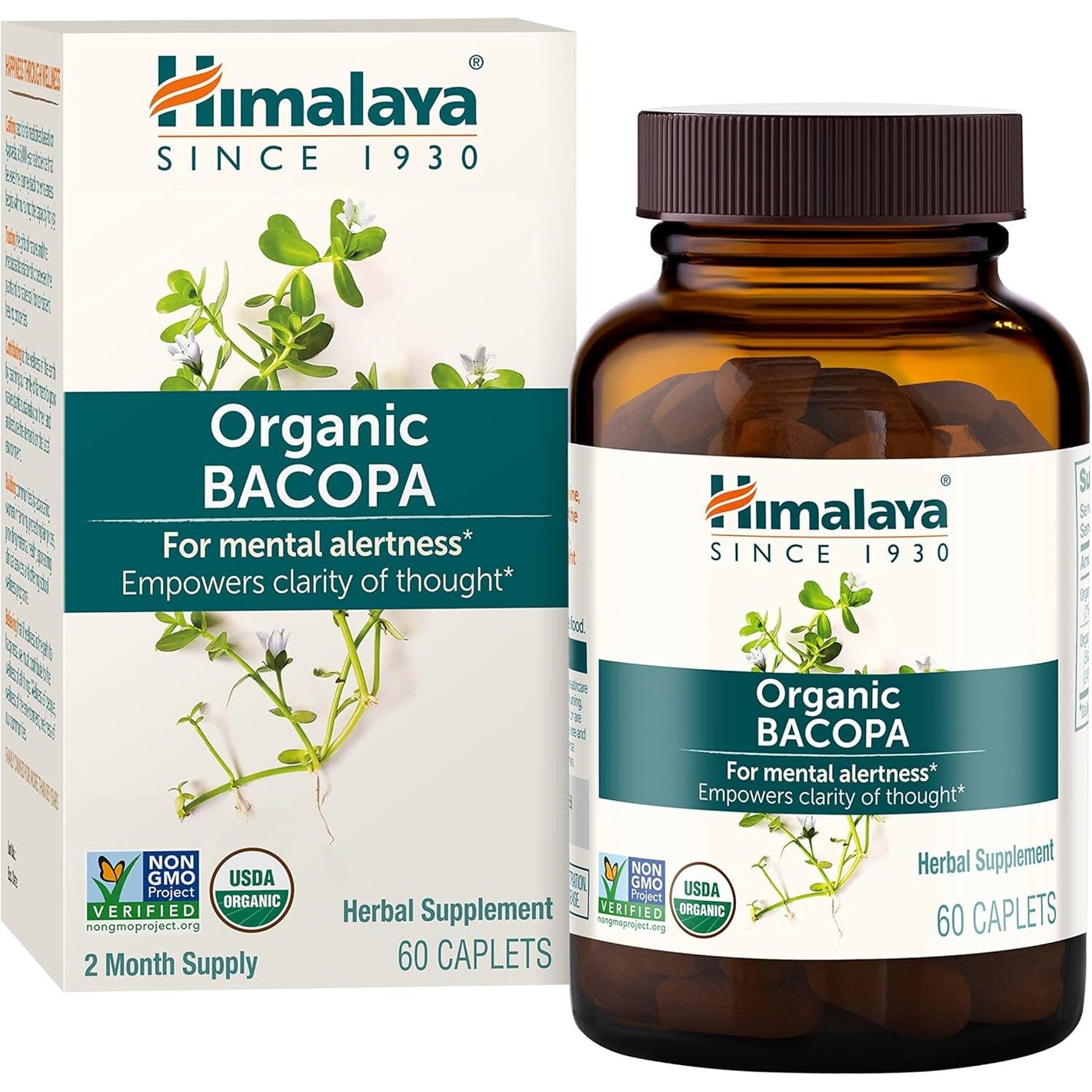 Himalaya Bacopa Monnieri Nootropic Herbal Supplement, Supports Calm, Memory, Cognition, USDA Certified Organic, Non-GMO, 750 mg, 60 Plant-Based Caplets, 60 Day Supply