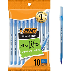 BIC Round Stic Xtra Life Blue Ballpoint Pens, Medium Point (1.0mm), 10-Count Pack of Bulk Pens, Flexible Round Barrel for Writing Comfort, No. 1 Selling Ballpoint Pens