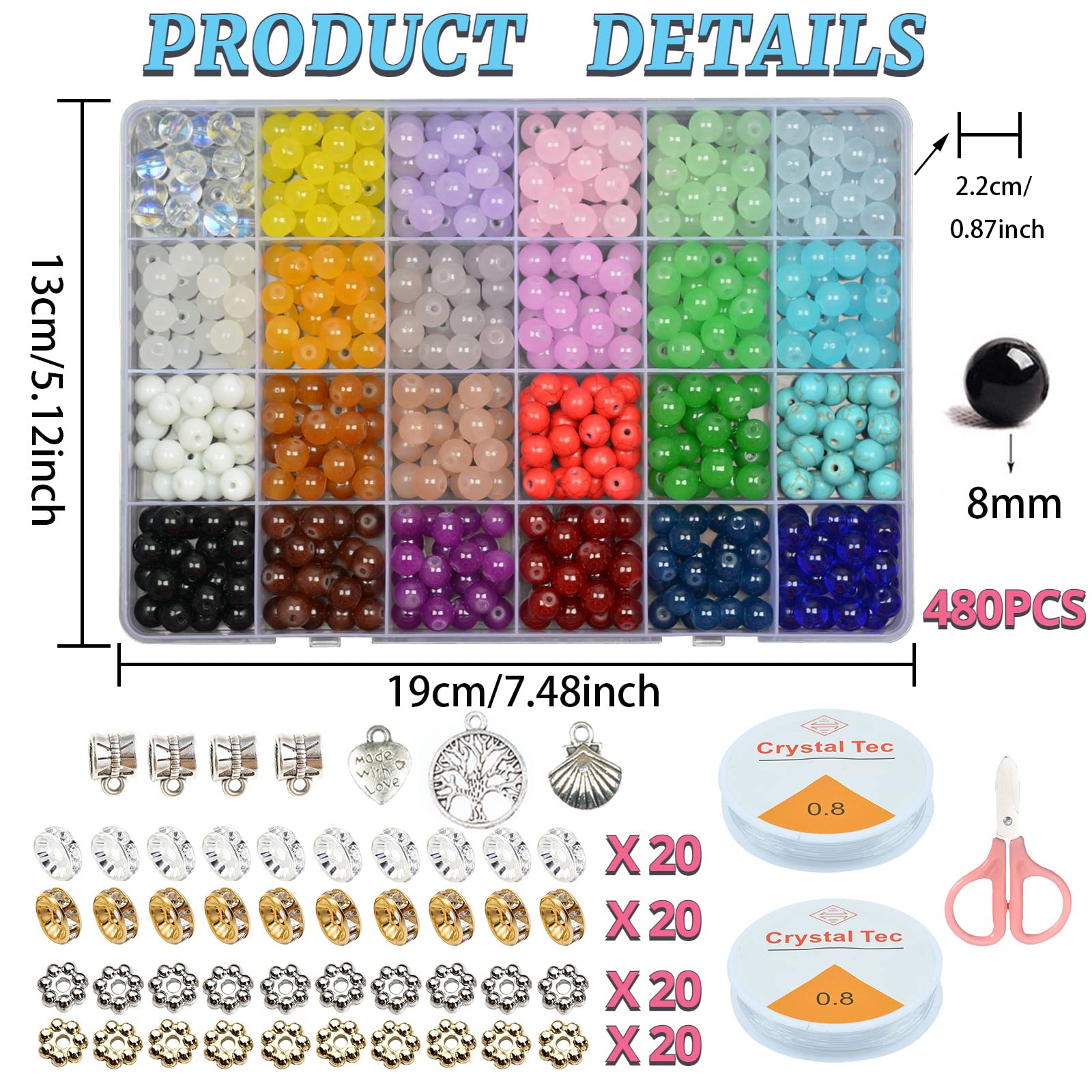 Buy now AIFNIY 570PCS Glass Beads for Jewelry Making 8mm Turquoise 24 Colors Crystal Beads Bracelet Making Kit Loose Round Gemstone Stone Spacer Chakra Energy Healing Beads Bulk DIY Crafts (Kit A) at indiglob india