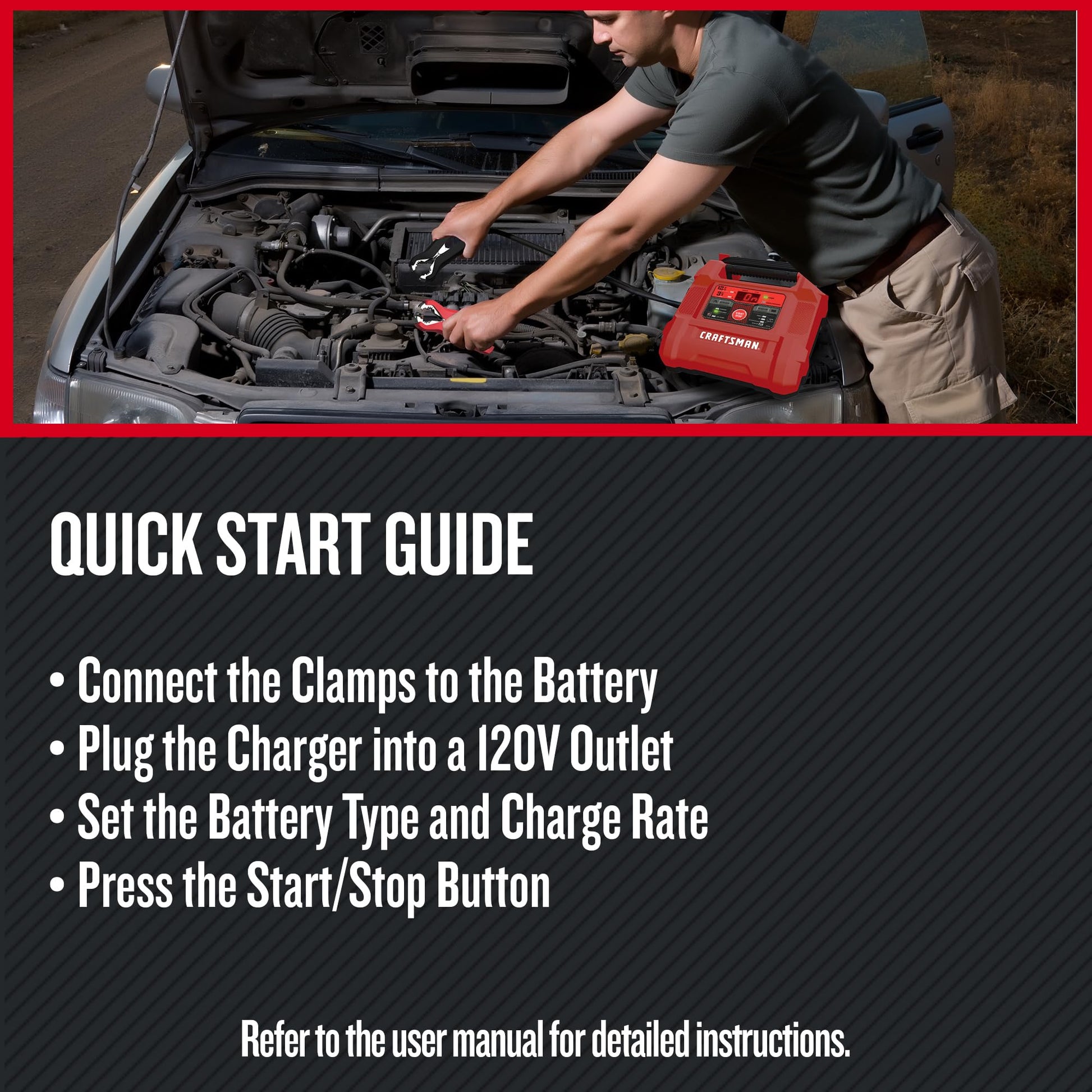 Buy now CRAFTSMAN 12A Car Battery Charger and Maintainer, 4-in-1 Solution, Battery Tester, for 6V/12V Power Sport, Automotive, and Marine Batteries, CMXCESM258 at indiglob india