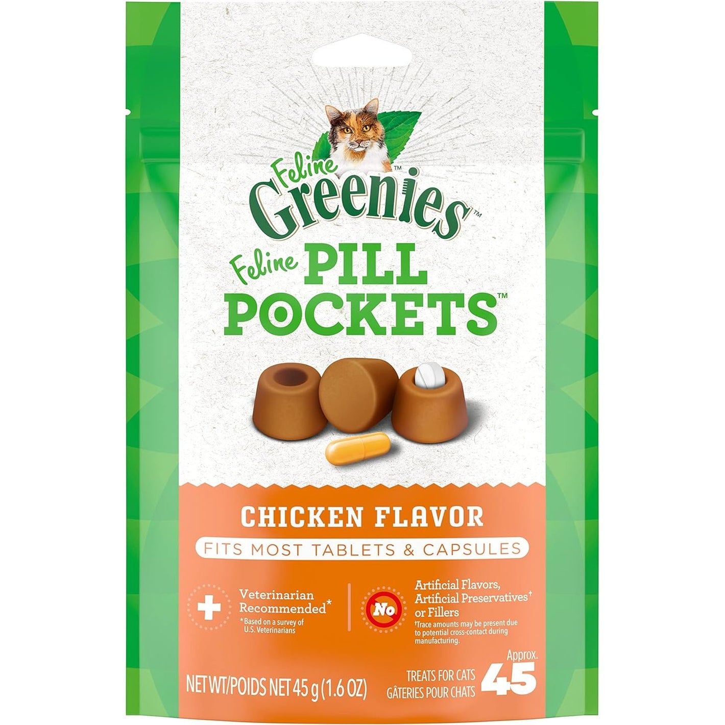 Greenies Feline Pill Pockets for Cats Natural Soft Cat Treats, Chicken Flavor, 1.6 oz. Pouch (45 Treats)
