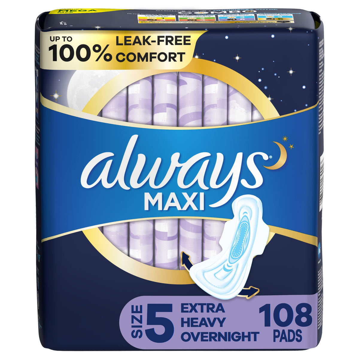 Buy now Always Maxi Overnight Pads with Wings for Women, Size 5, Extra Heavy Overnight Absorbency, Unscented, 36 Count Size 5 108 at indiglob india
