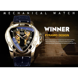 Winner Fashion Mechanical Wrist Watch Triangle Racing Dial, Waterproof Golden Skeleton Dial Automatic Movement Leather Design Mechanical Watch for Men