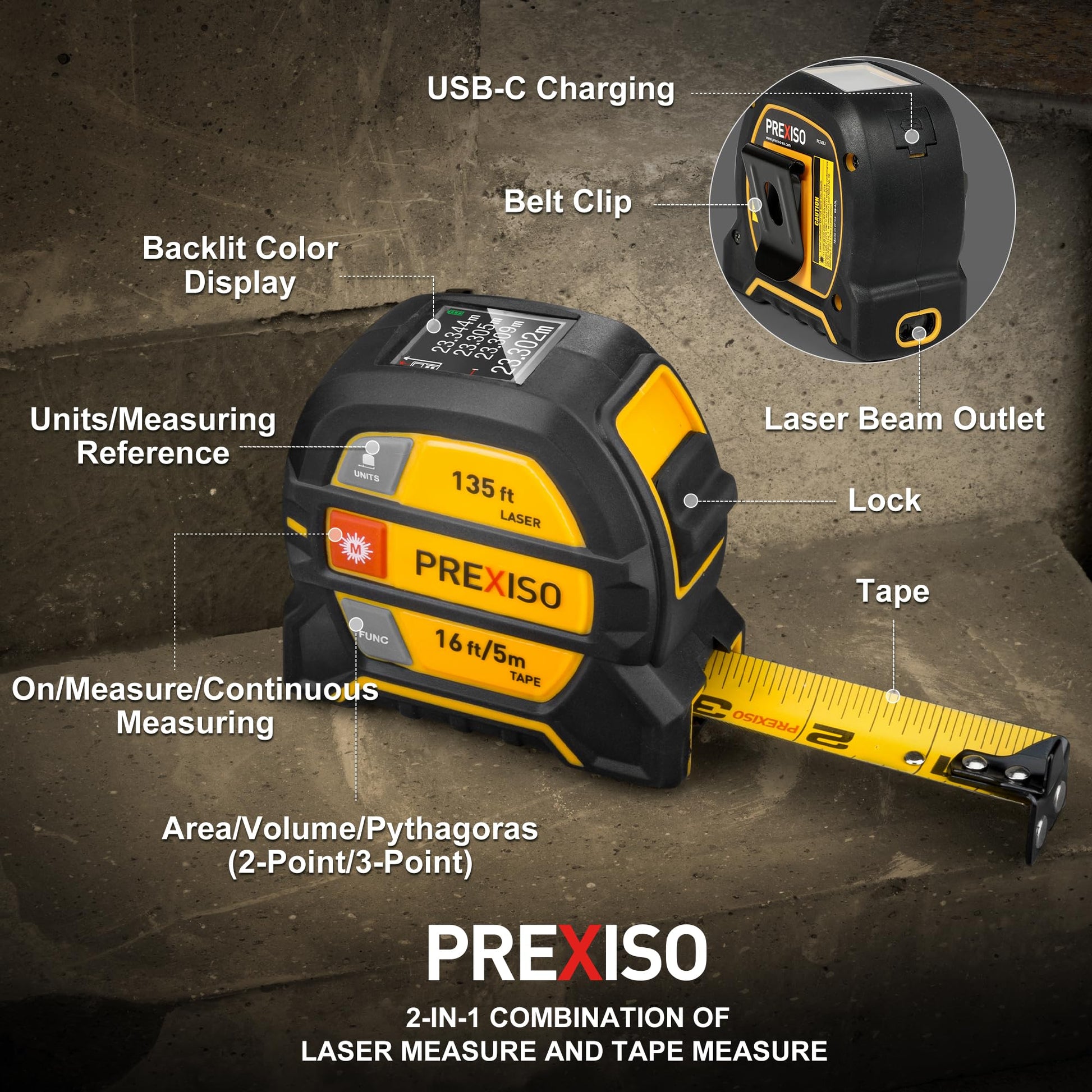 Buy now PREXISO 2-in-1 Laser Tape Measure, 135Ft Rechargeable Measurement Tool & 16Ft Measuring Movable Magnetic Hook - Pythagorean, Area, Volume, Ft/Ft+in/in/M Unit NOT Digital at indiglob india