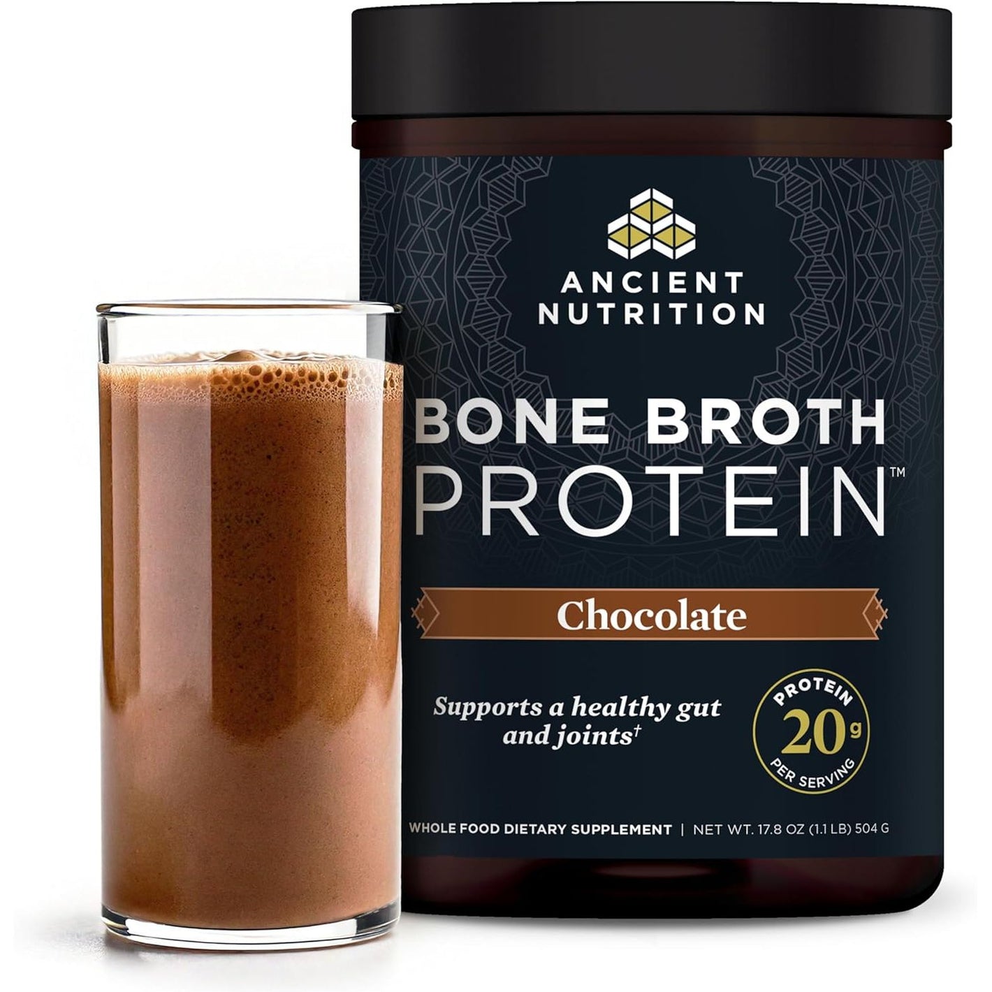 Ancient Nutrition Protein Powder Made from Real Bone Broth, Chocolate, 20g Protein Per Serving, 20 Serving Tub, Gluten Free Hydrolyzed Collagen Peptides Supplement, Great in Protein Shakes
