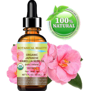 Botanical Beauty Japanese ORGANIC CAMELLIA Seed Oil. 100% Pure Natural Undiluted Refined Cold Pressed Carrier Oil to revitalize and rejuvenate the hair, skin and nails. 4 Fl. oz 120 ml