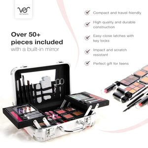 Ver Beauty Makeup Box with Travel Mirror - Professional Makeup Case w/ 2 Trays - Perfect Cosmetic Organizer Gift Set