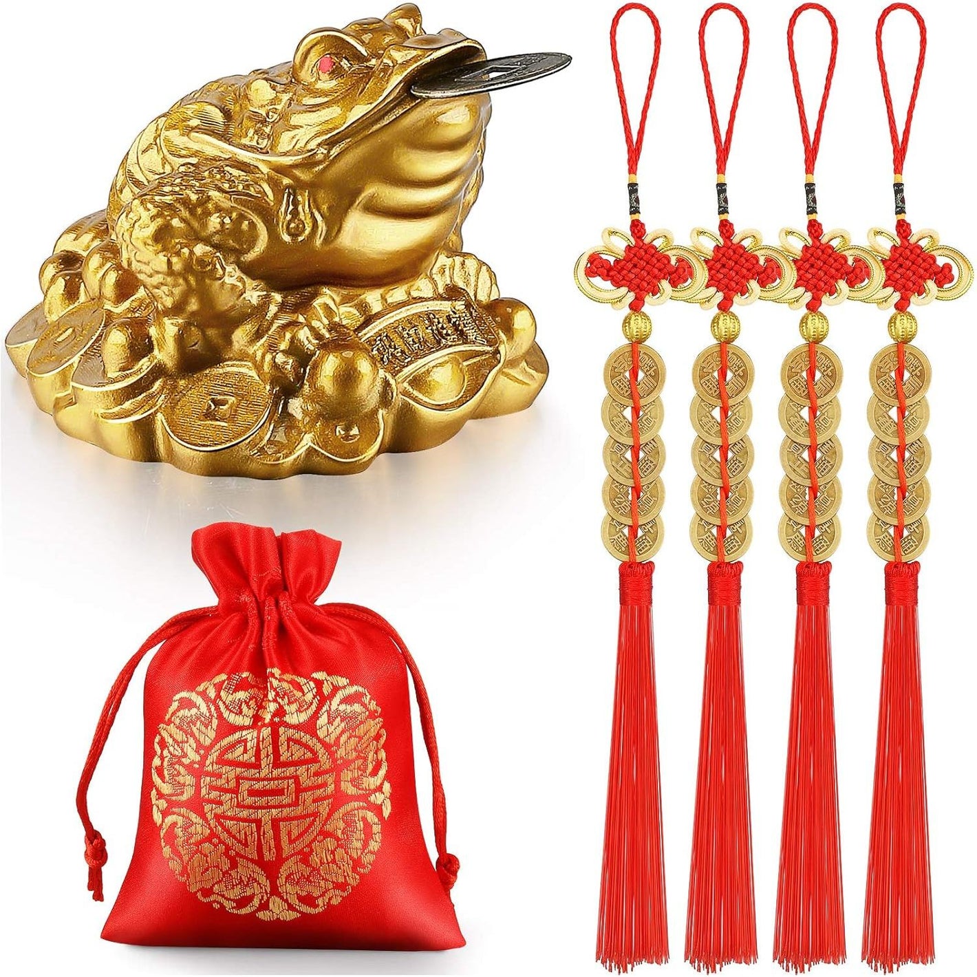 Chuangdi Feng Shui Money Frog with Chinese Coins Lucky Knots Red Blessing Bag Gold Three Legged Toad Decoration for Attracting Wealth Success Chinese New Year Gifts
