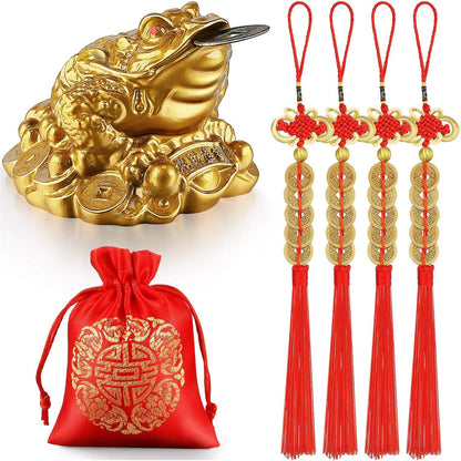Chuangdi Feng Shui Money Frog with Chinese Coins Lucky Knots Red Blessing Bag Gold Three Legged Toad Decoration for Attracting Wealth Success Chinese New Year Gifts