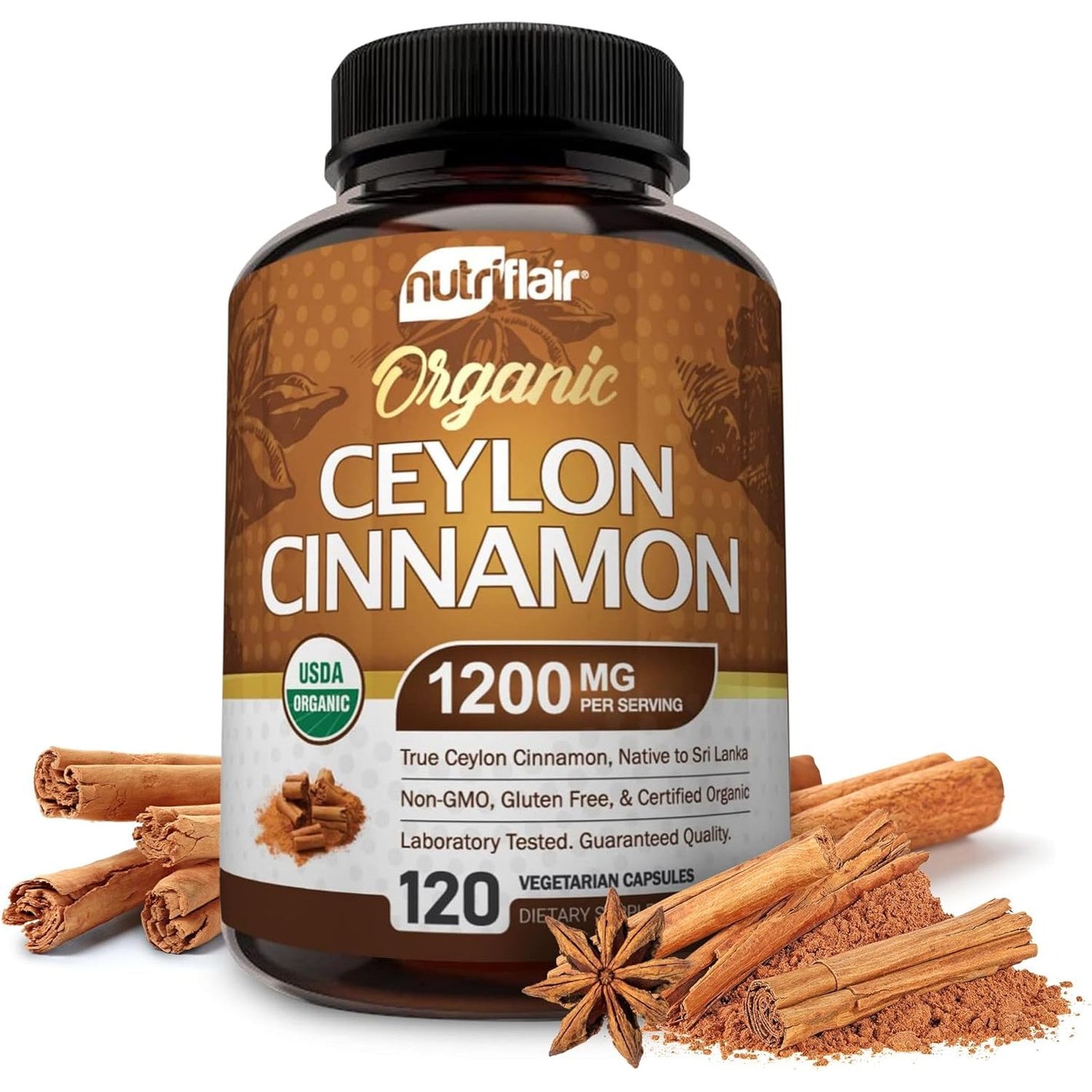 NutriFlair Organic Ceylon Cinnamon Supplement 1200mg, 120 Capsules - USDA Certified - Non-GMO, Gluten Free Powder, Antioxidant Pills
