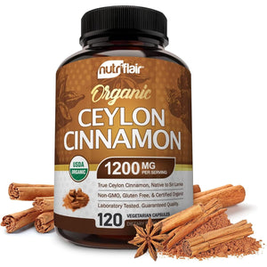 NutriFlair Organic Ceylon Cinnamon Supplement 1200mg, 120 Capsules - USDA Certified - Non-GMO, Gluten Free Powder, Antioxidant Pills