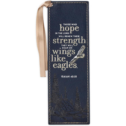 Christian Art Gifts Premium Vegan Faux Leather Scripture Bookmark for Men & Women: On Wings Like Eagles - Isaiah 40:31 Inspirational Bible Verse, Heat-Debossed, Reading Accessory w/Tassel, Navy Blue