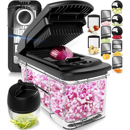 Fullstar All-in-1 Vegetable Chopper and Mandoline Slicer for Kitchen - Cheese Grater, French Fry Cutter, Cheese Slicer - Bonus Handheld Spiralizer Included (6 in 1, Black/White)