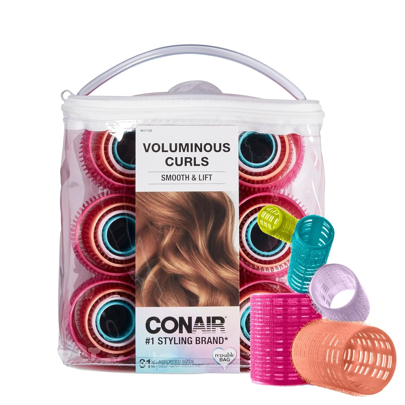 Conair Heatless Curlers- heatless curls overnight - Hair Rollers for Lift & Volume - Assorted Sizes and Colors - 31 Count w/storage