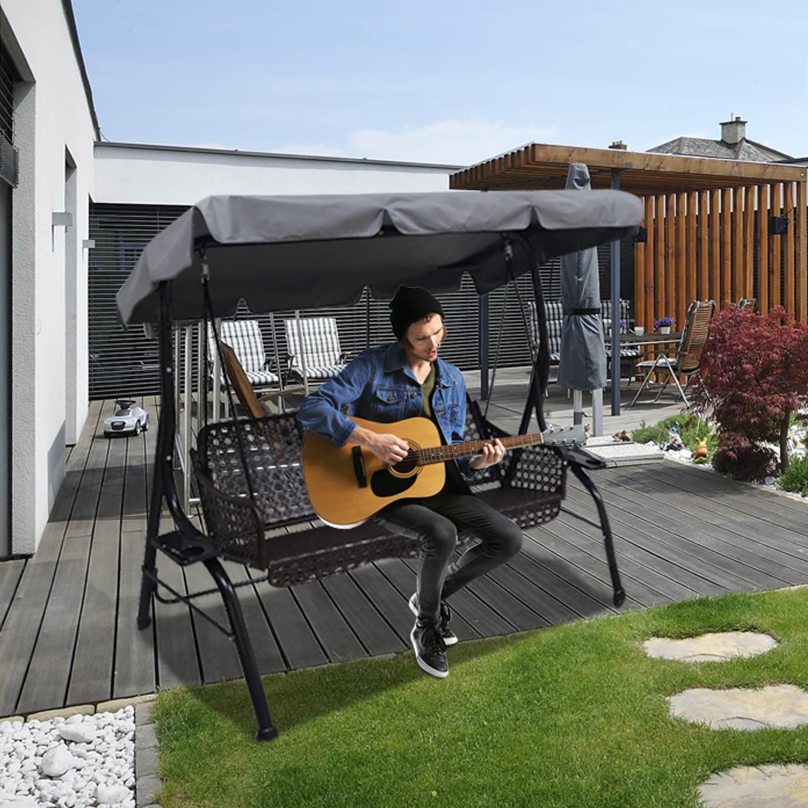 Buy now Swing Chair Canopy Replacement, 2 Seater Garden Seat Cover, Waterproof Windproof Anti-UV Heavy Duty Rip Proof Hammock Top Outdoor Furniture Covers (Grey, Small), Gray at indiglob india