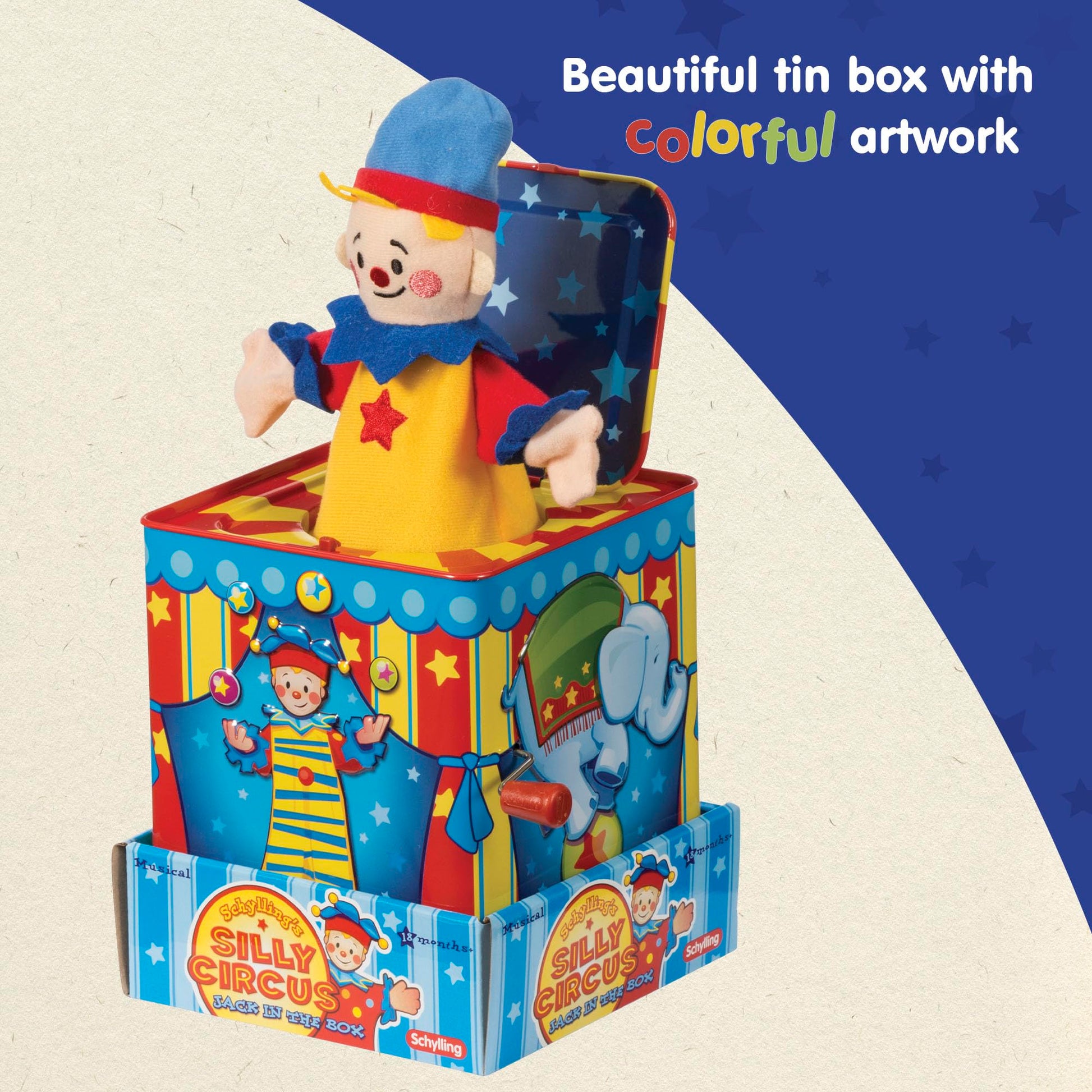 Buy now Schylling Silly Circus Jack in the Box - Classic Children's Musical Toy - Colorful Embossed Tin Box and Friendly Plush - Age 18 months and Up at indiglob india