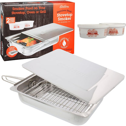Camerons Large Stovetop Smoker - Stainless Steel BBQ Smoker Box w/Hickory & Oak Wood Chips & Recipe Guide - Indoor Outdoor Use on Any Heat for Smoking Meats, Veggies & Seafood - Grilling Gift for Men