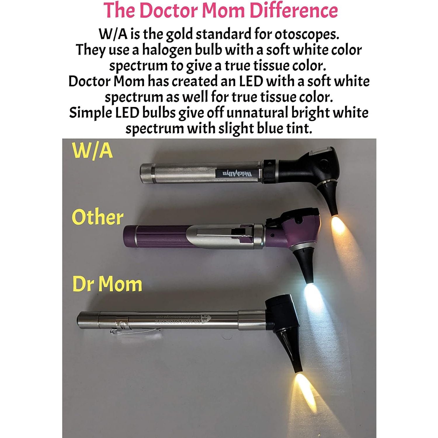 Buy now Third Generation Dr Mom Slimline Stainless LED Pocket Otoscope with Soft White Natural Hue Light Spectrum in Clamshell Packaging at indiglob india