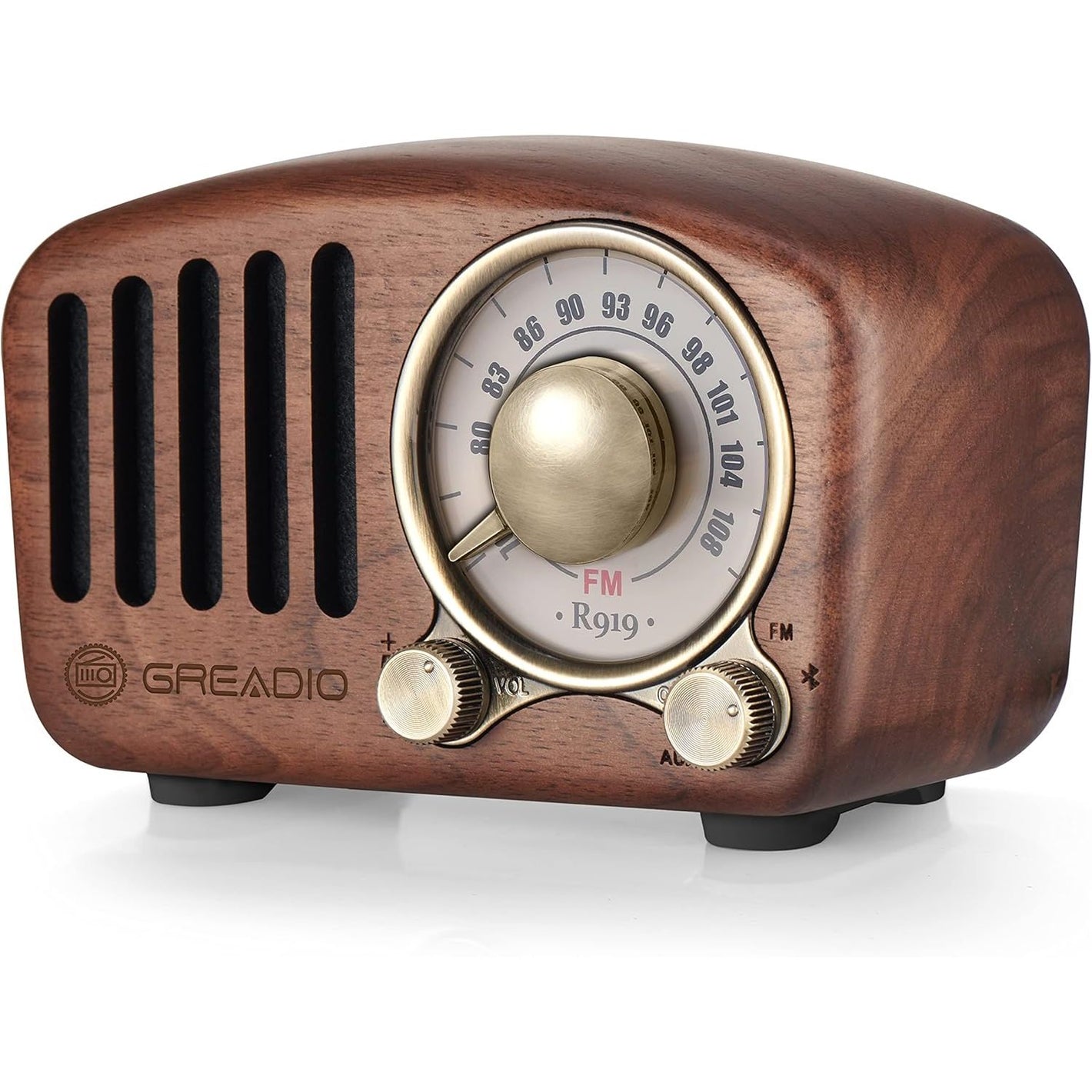 Vintage Greadio Walnut Wood Bluetooth Speaker Radio - Retro Style, Bass Enhancement, Loud Volume, Bluetooth 5.0, MP3 & FM Radio