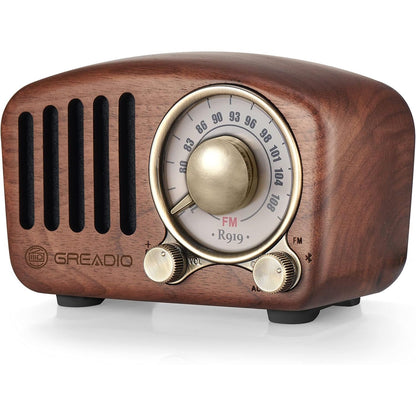 Vintage Greadio Walnut Wood Bluetooth Speaker Radio - Retro Style, Bass Enhancement, Loud Volume, Bluetooth 5.0, MP3 & FM Radio