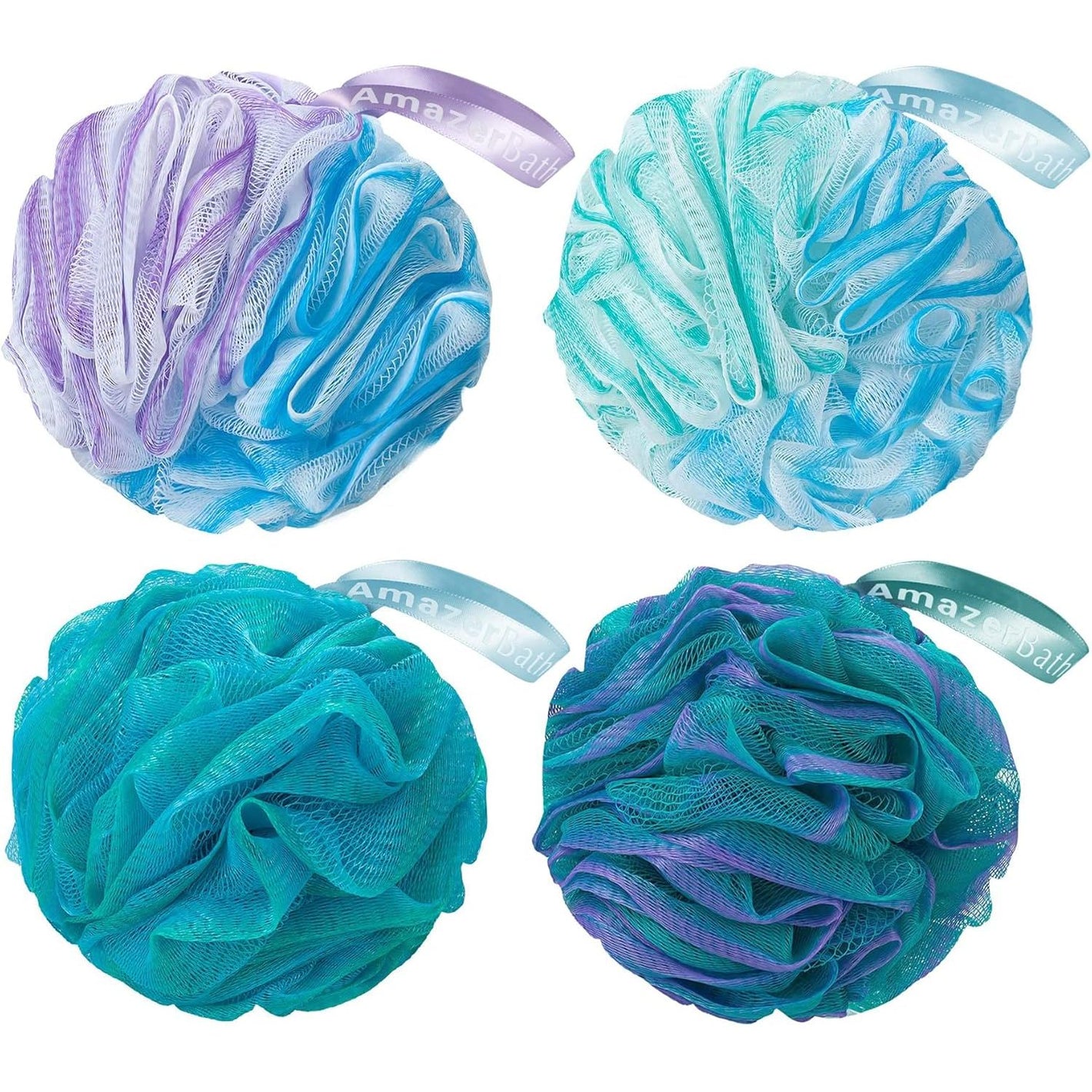 AmazerBath Loofah Sponge 60g/Piece, Exfoliating Bath Sponge Body Scrubber - Loofa Set of 4 Flower Color (Green-Purple)