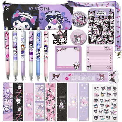 Cartoon Kawaii Set Including Bookmarks Pens Card Holders with Lanyard Sticky Note Ruler Stickers Button Badges Keychain