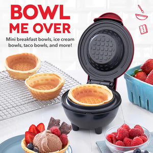 Dash Mini Waffle Bowl Maker for Breakfast, Burrito Bowls, Ice Cream and Other Sweet Desserts, Recipe Guide Included - Red