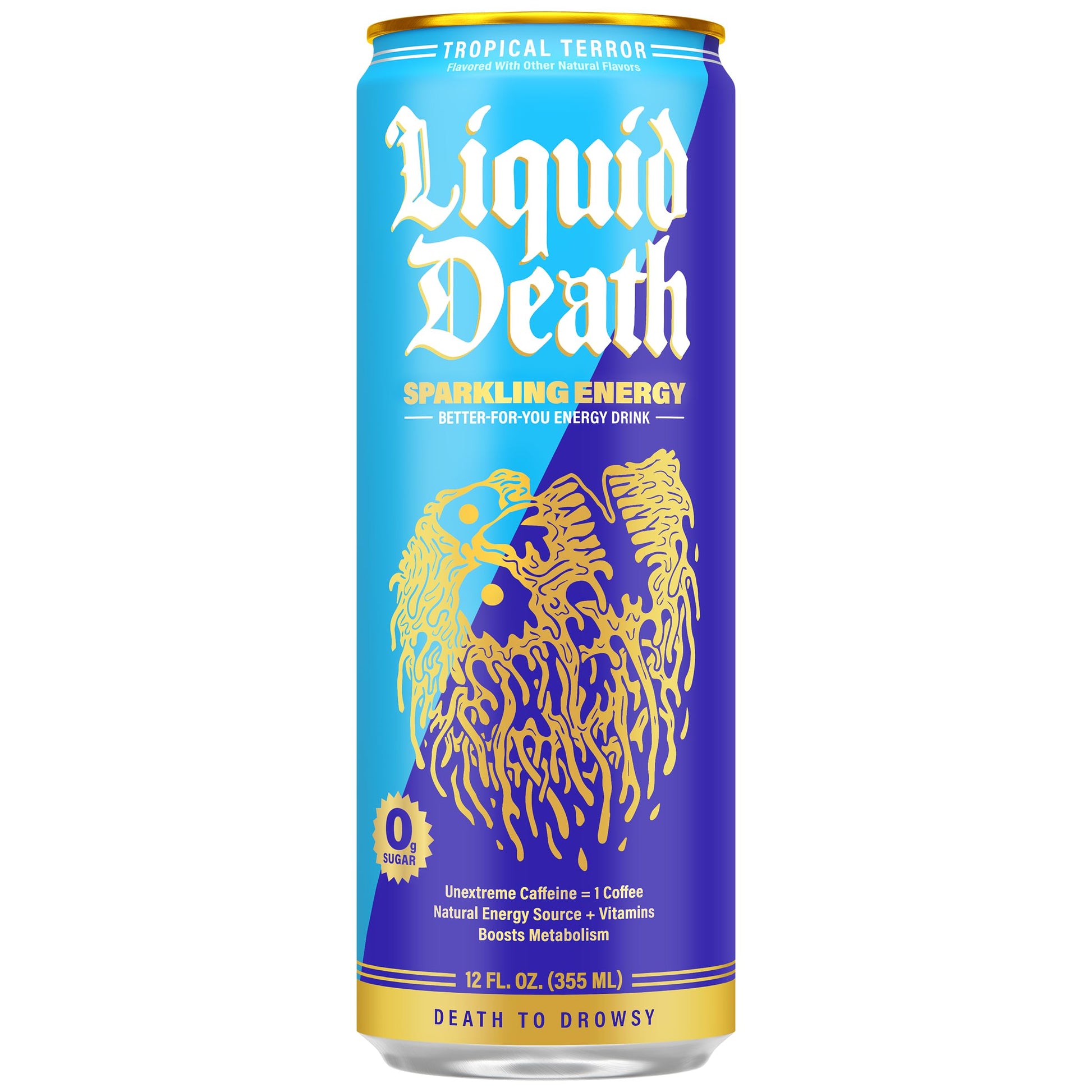 Buy now Liquid Death Sparkling Energy - Tropical Terror (Classic Piña Colada), Zero Sugar Energy Drink, Unextreme Caffeine 100mg, Essential Vitamins, 12 Fl Oz (Pack of 12) at indiglob india