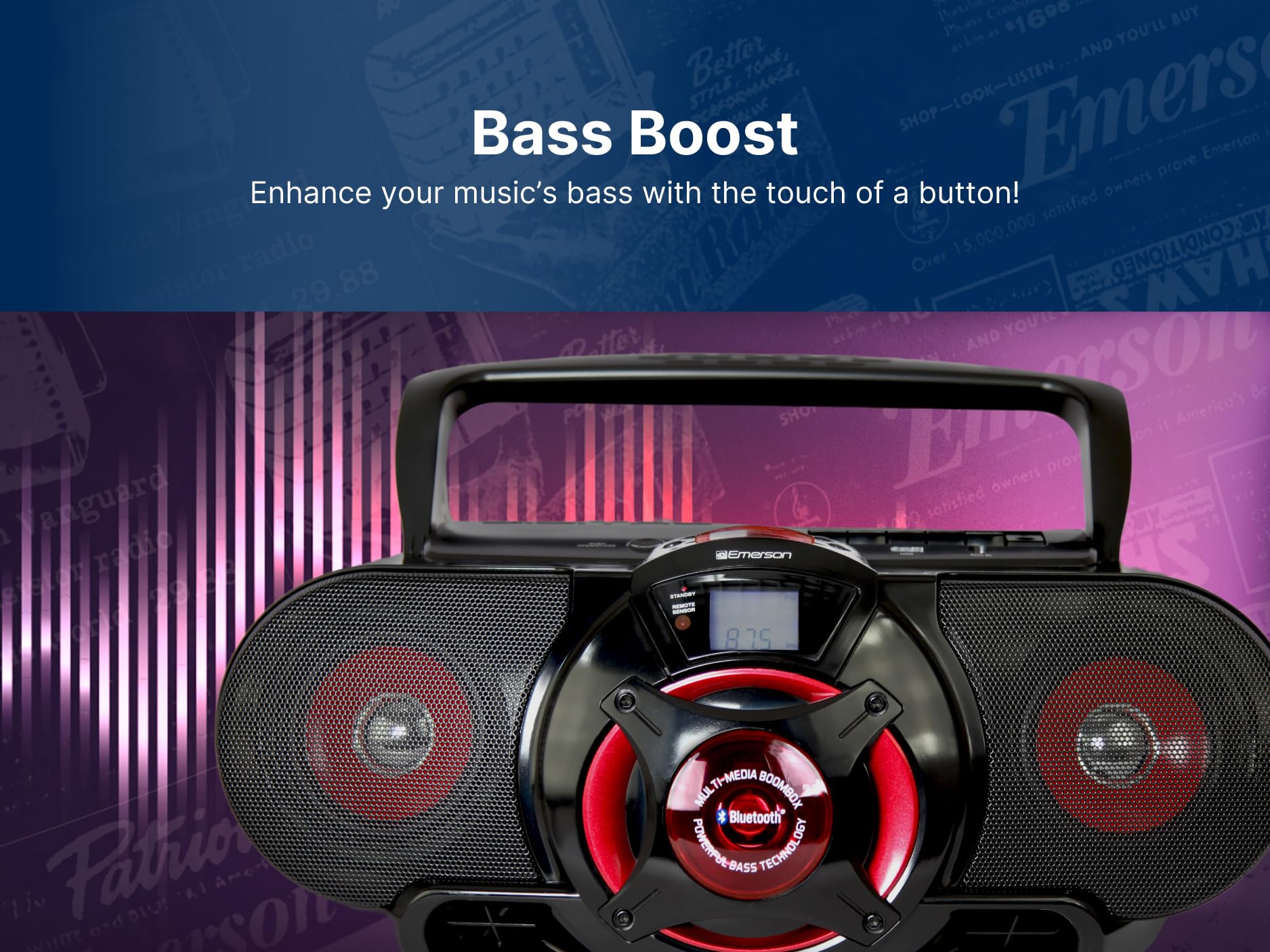 Buy now Emerson EPB-3002 Portable Bluetooth, MP3/CD AM/FM Stereo Radio Cassette Player/Recorder with Subwoofer and USB Input Boombox at indiglob india