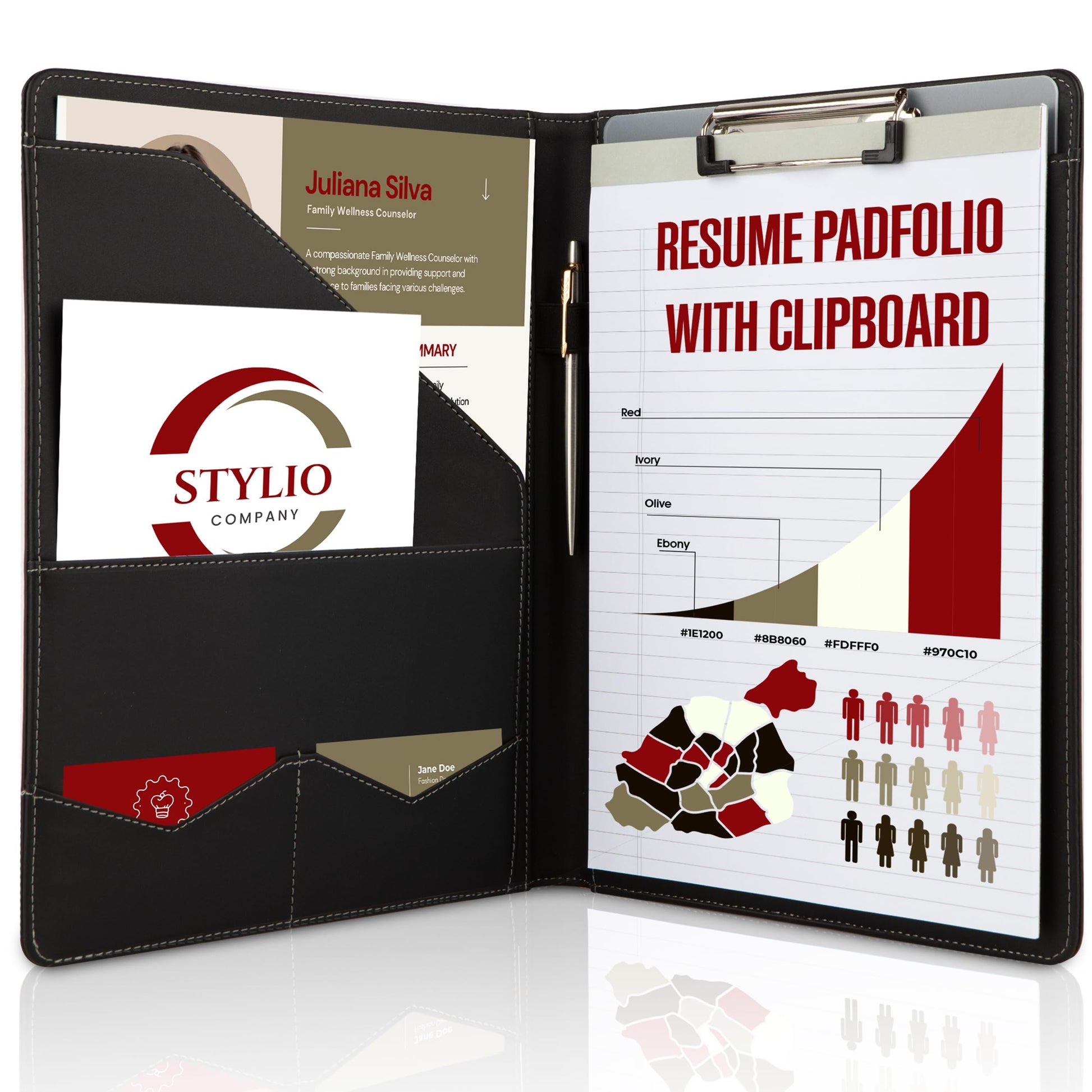 Buy now STYLIO Padfolio Portfolio Organizer Binder | Interview Resume Folder, Legal Document, Business Card Holder |w/Letter-Sized Notepad | Handsome Piano Noir Faux Leather Folio Matte Finish, Accent Stitch at indiglob india