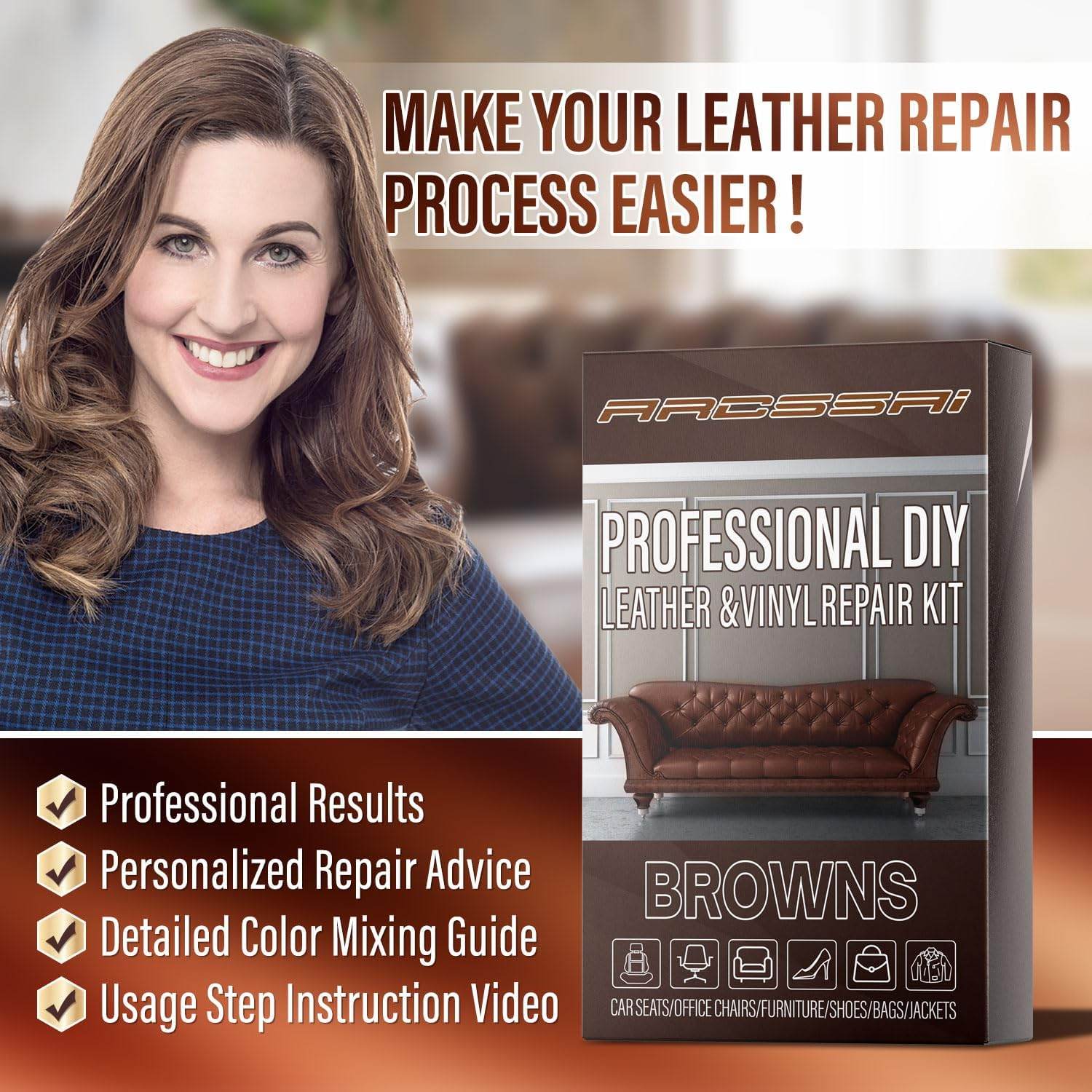 ARCSSAI ARCSSAL Brown Leather Repair Kit for Furniture, Leather Couch Repair Kit for Sofa, Jacket, Car Seats and Purse with Super Easy Instructions, Restores Any Material, Bonded, Pleather, Genuine - My Store