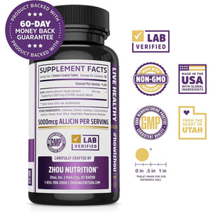 Zhou Garlic with Allicin - Garlic Supplements, Odorless Garlic Extract Pills for Men & Women, 5000 mcg Allicin Per Tablet for Immune & Heart Health - 90 Coated Tablets (Pack of 1)