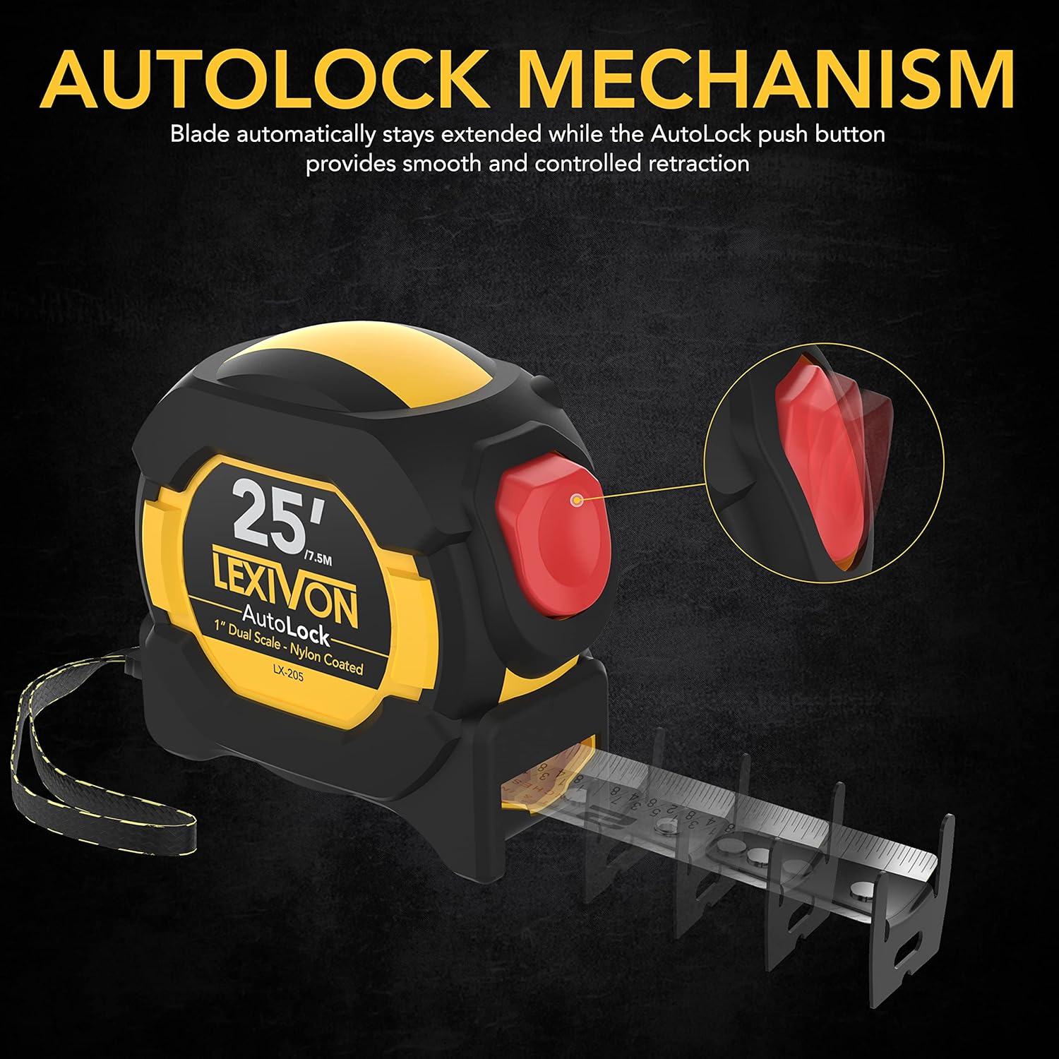 Buy now LEXIVON 25Ft/7.5m AutoLock Tape Measure | 1-Inch Wide Blade with Nylon Coating, Matte Finish White & Yellow Dual Sided Rule Print | Ft/Inch/Fractions/Metric (LX-205) at indiglob india