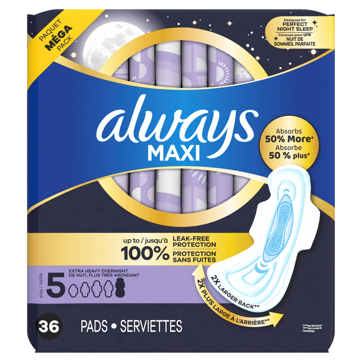 Buy now Always Maxi Overnight Pads with Wings for Women, Size 5, Extra Heavy Overnight Absorbency, Unscented, 36 Count at indiglob india