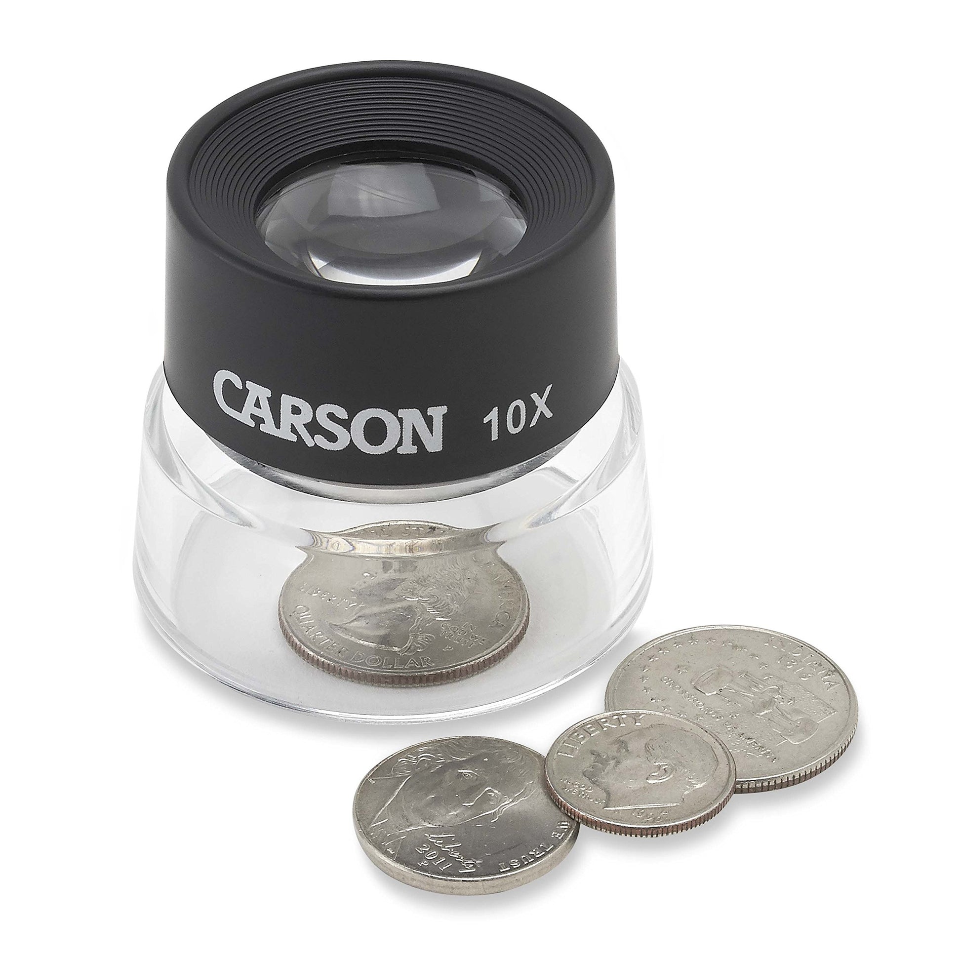Buy now Carson LumiLoupe 10X Power Black/Clear Stand Magnifier, Ambient Light, 1.0 inch Lens Diameter, 2.0 inch Base Diameter, 2.0 x 1.75 x 2.0 inches, 0.05 kg at indiglob india