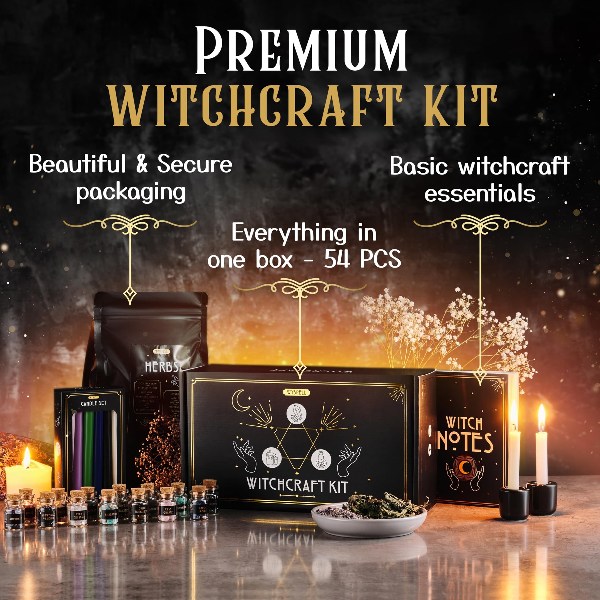 Buy now Wyspell Witchcraft Supplies Kit for Witch Altar 54PCS - Spell Candles for Witches - Crystals Spell Jars for Witches - Herbs for Spells - Beginner Witch Starter Box - Witchcraft Kit at indiglob india
