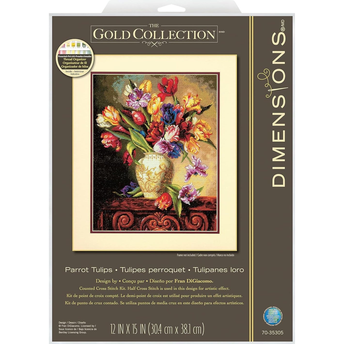 Dimensions Gold Collection Counted Cross Stitch Kit, Parrot Tulips, 14 Count Black Aida, 12'' x 15''