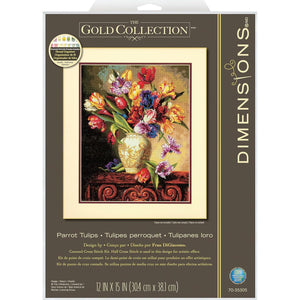 Dimensions Gold Collection Counted Cross Stitch Kit, Parrot Tulips, 14 Count Black Aida, 12'' x 15''