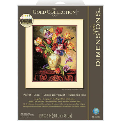 Dimensions Gold Collection Counted Cross Stitch Kit, Parrot Tulips, 14 Count Black Aida, 12'' x 15''