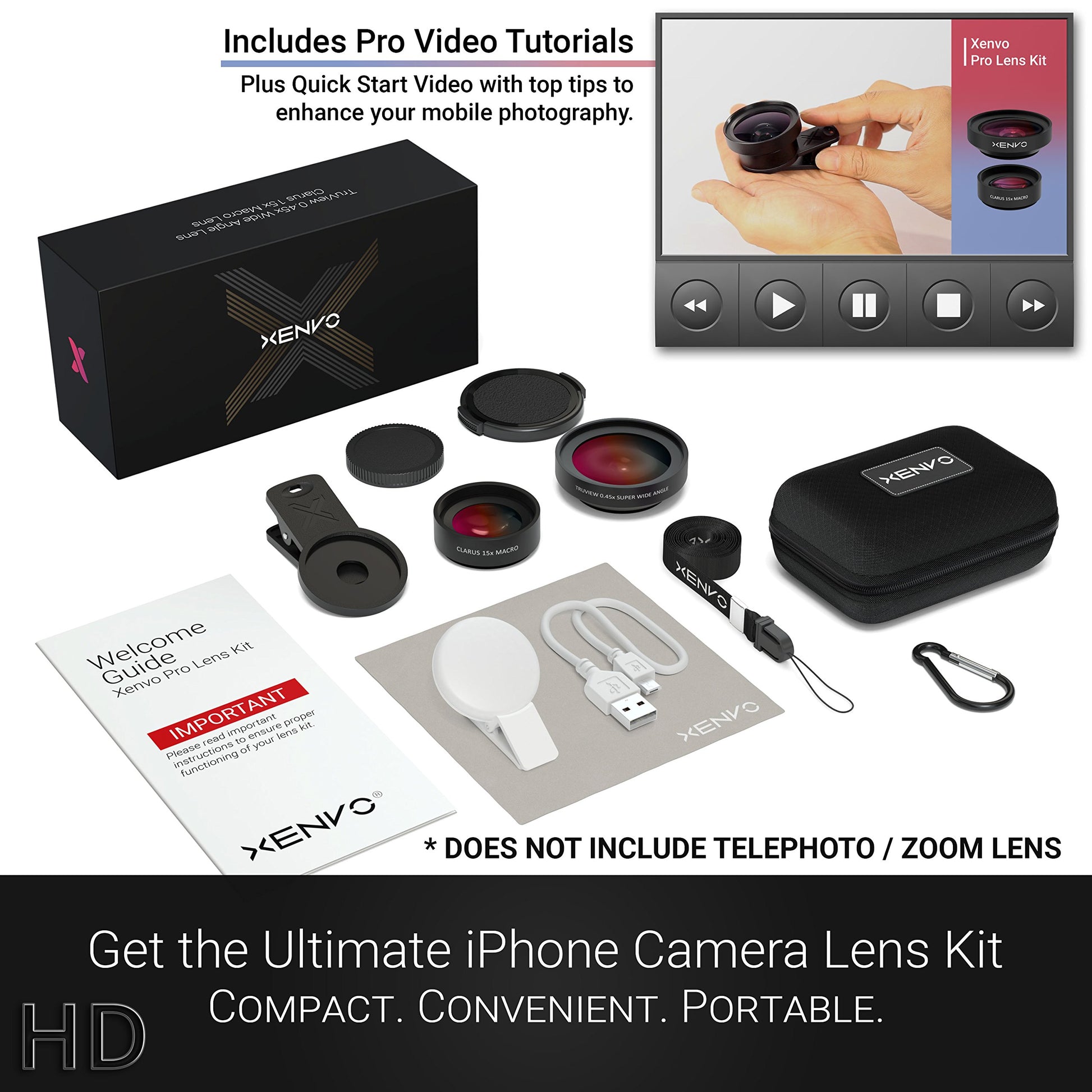 Buy now Pro Lens Kit for iPhone and Android, Macro and Wide Angle Lens with LED Light and Travel Case Black at indiglob india