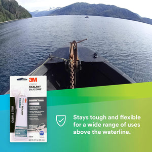 3M Marine Grade Silicone Sealant, 08019, For Boats and RVs, Above the Waterline Interior/Exterior Sealing, Clear, 3 fl oz Tube